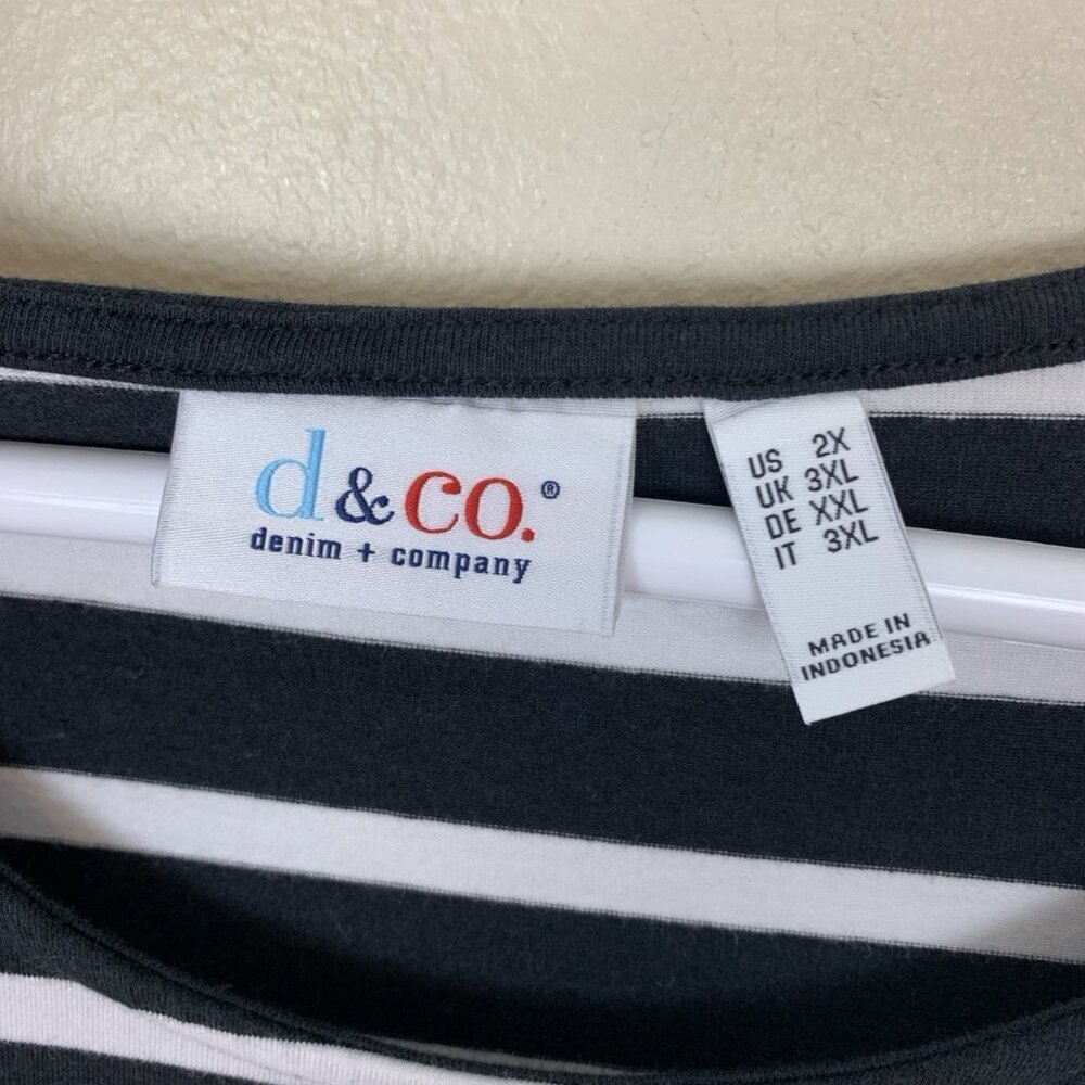 D&Co Denim & Co Womens 2X Dress Black White Stripe Elbow Sleeve Beach Nautical - Picture 2 of 12